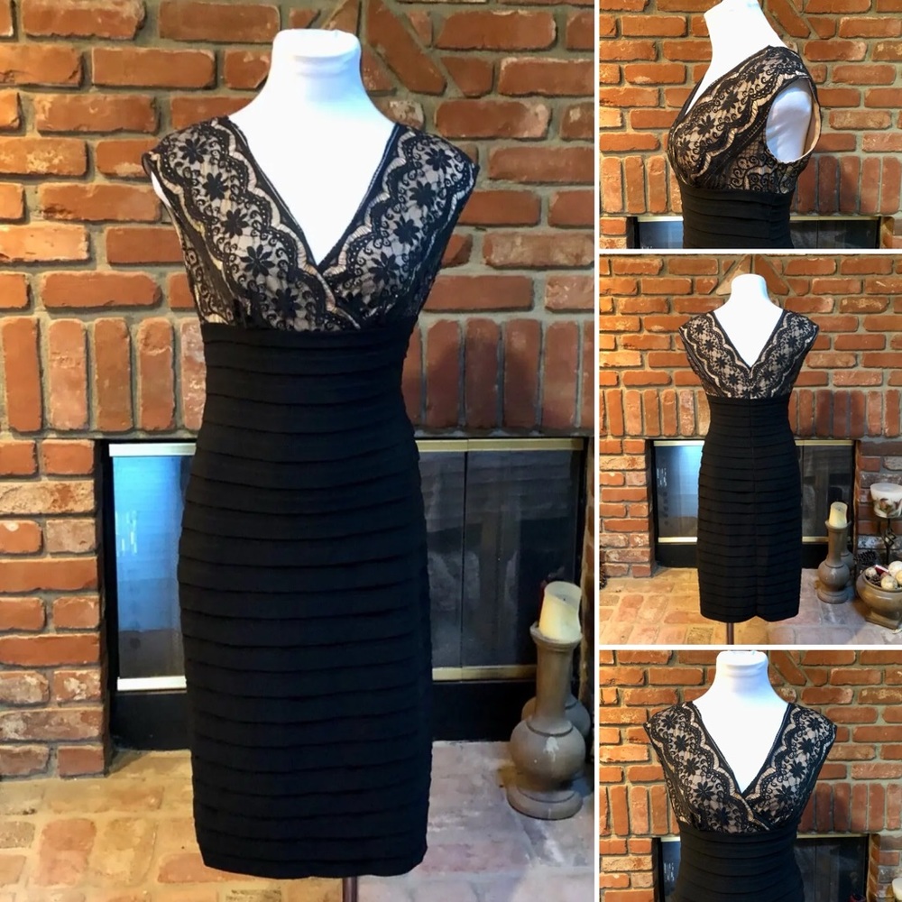 Adrianna Papell Nude Black Lace Empire Overlay 6 Cocktail Formal A Line